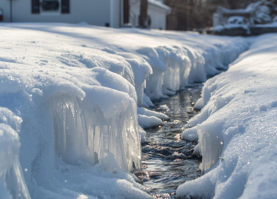 Close-up of a narrow stream flowing between thick snowbanks, with icicles hanging from the edges and a house and parked vehicle blurred in the background.